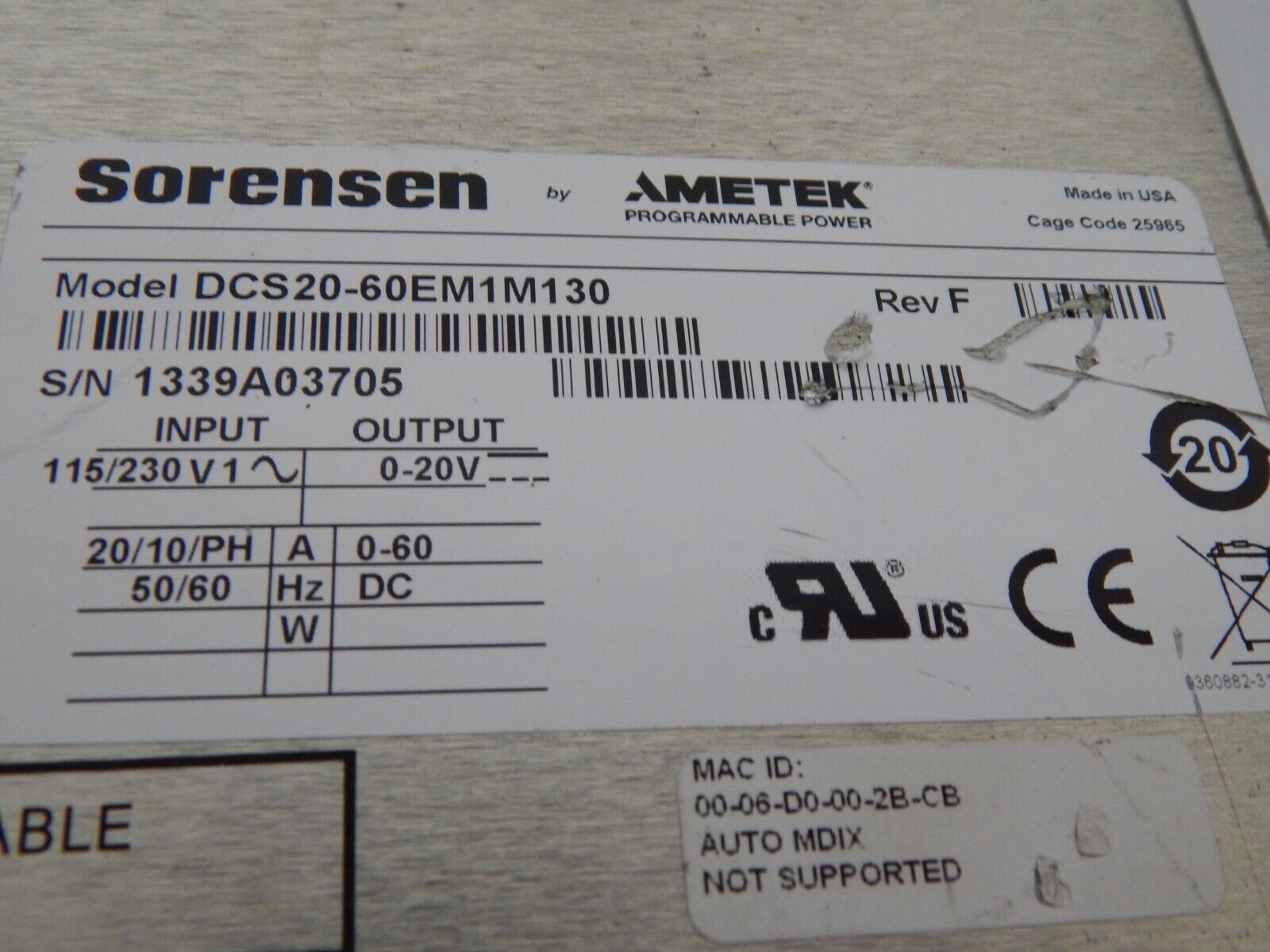 Sorensen DCS20-60EM130 LXI Power Supply, 0-20 V, 0-60 A Ethernet Sorensen DCS20-60EM130 LXI Power Supply, 0-20 V, 0-60 A Ethernet